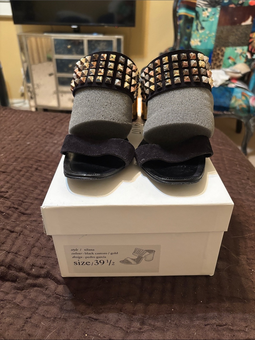 Pedro Garcia Black Heeled Sandals with Gold Studs